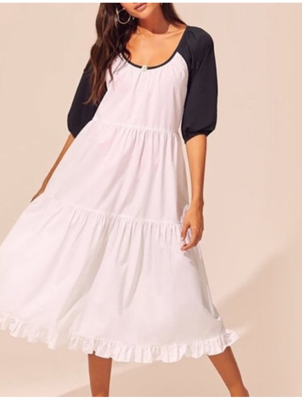 Solid & Striped Big Tiered Midi Dress Black White Puff Sleeve Ruffle Hem